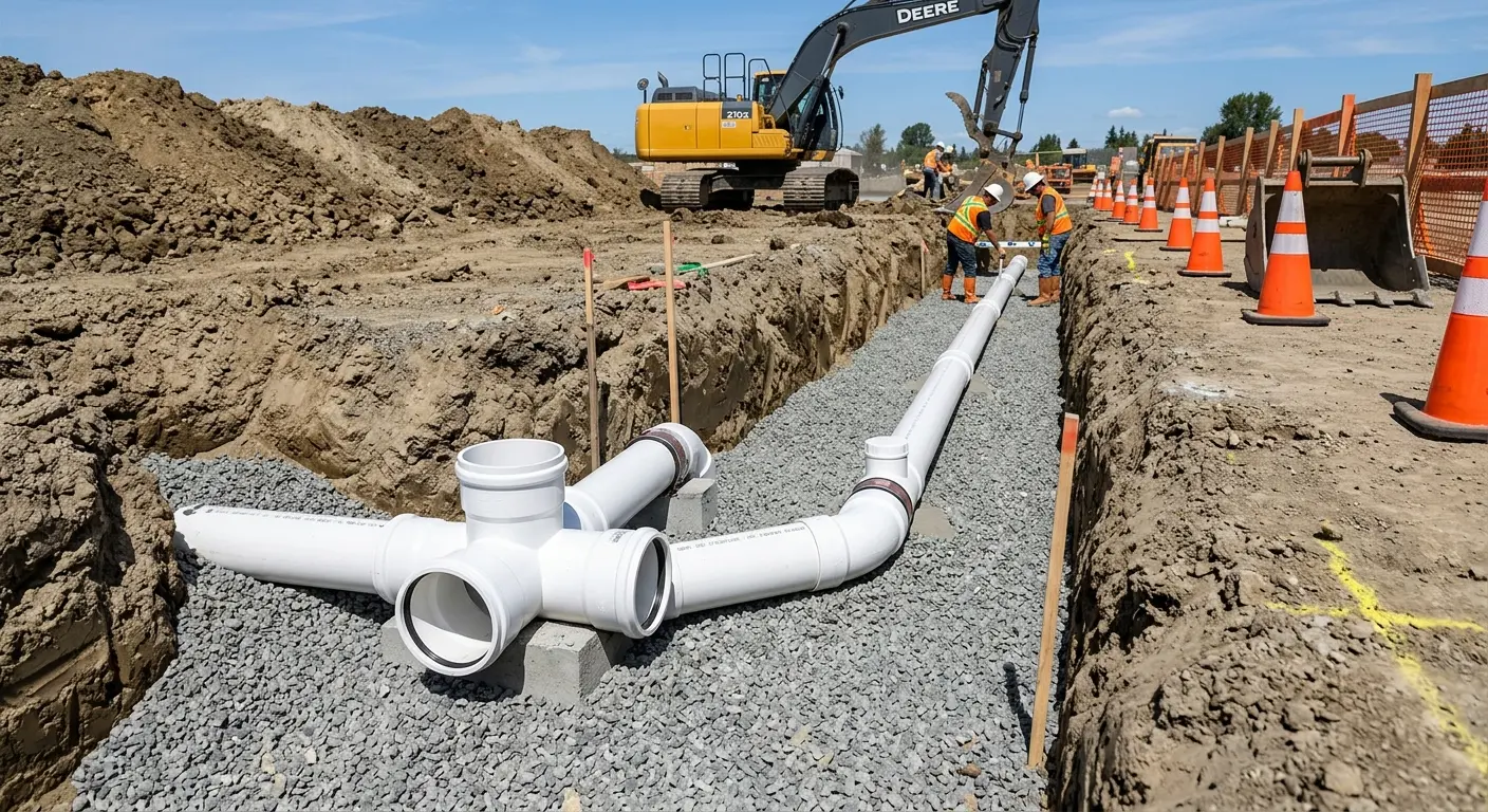 New PVC sewer pipe installation in open trench for Commercial Drain Cleaning in Vernon
