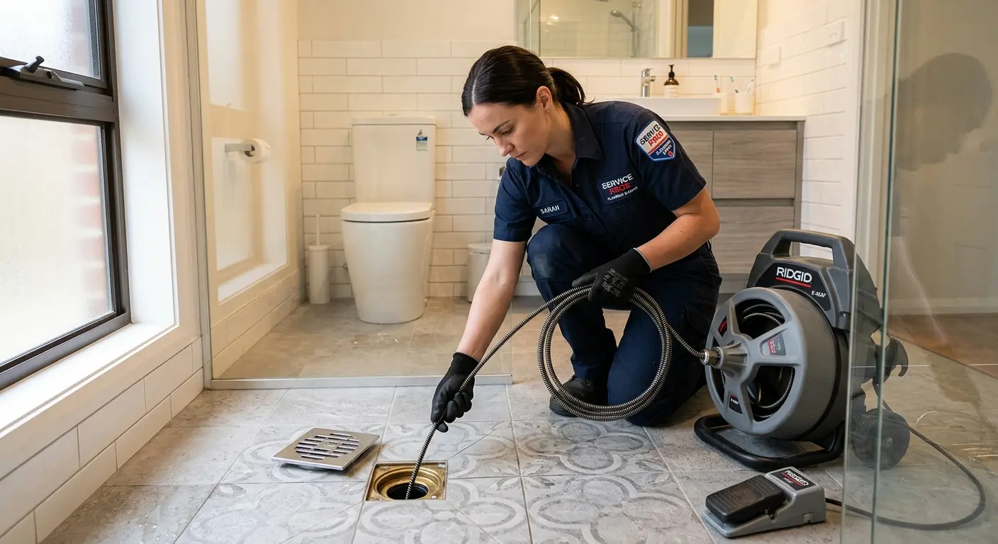 Technician clearing a bathroom floor drain for Clogged Drain Repair in Vernon